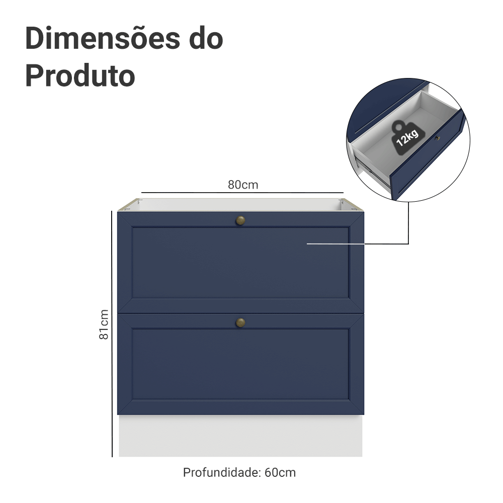 Balcão de Cozinha 80 x 60 cm 2 Gavetas (Sem Tampo) Branco/Azul Vik Madesa