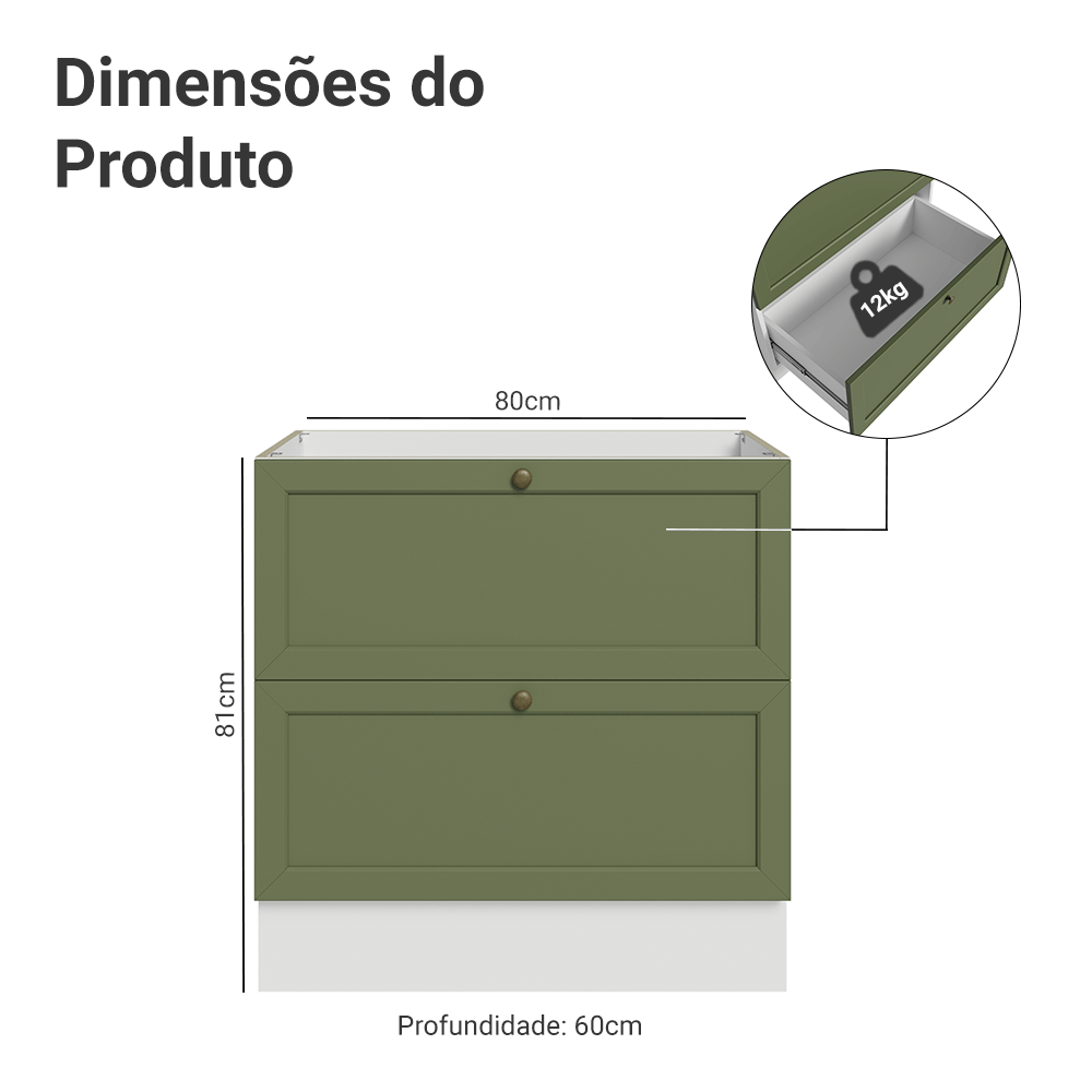 Balcão de Cozinha 80 x 60 cm 2 Gavetas (Sem Tampo) Branco/Verde Vik Madesa