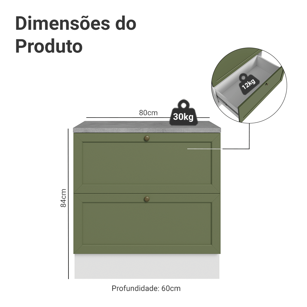 Balcão de Cozinha 80 x 60 cm 2 Gavetas (Com Tampo) Branco/Verde Vik Madesa