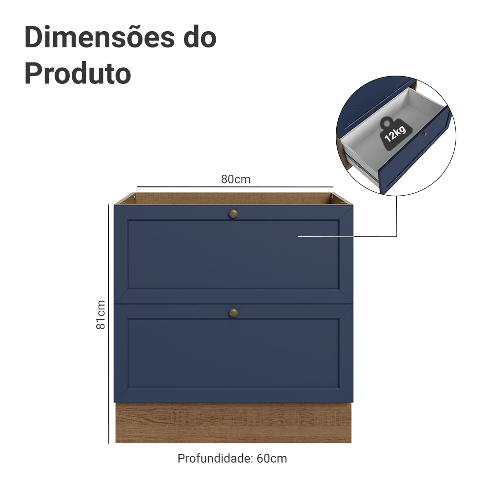 Balcão de Cozinha 80 x 60 cm 2 Gavetas (Sem Tampo) Rustic/Azul Vik Madesa