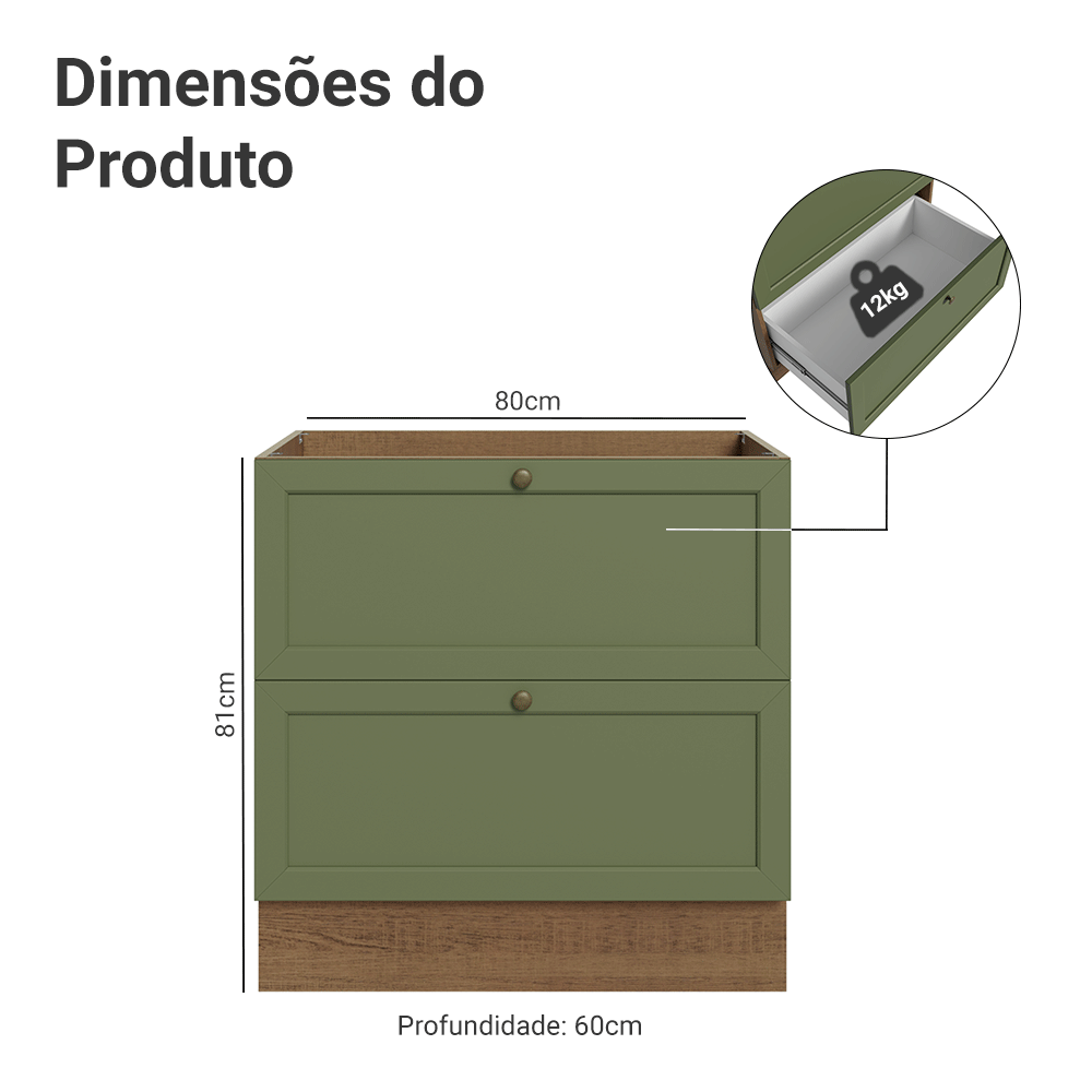 Balcão de Cozinha 80 x 60 cm 2 Gavetas (Sem Tampo) Rustic/Verde Vik Madesa