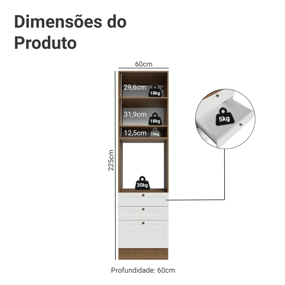 Torre Quente 60 x 60 cm 1 Porta 3 Gavetas Rustic/Branco Vik Madesa