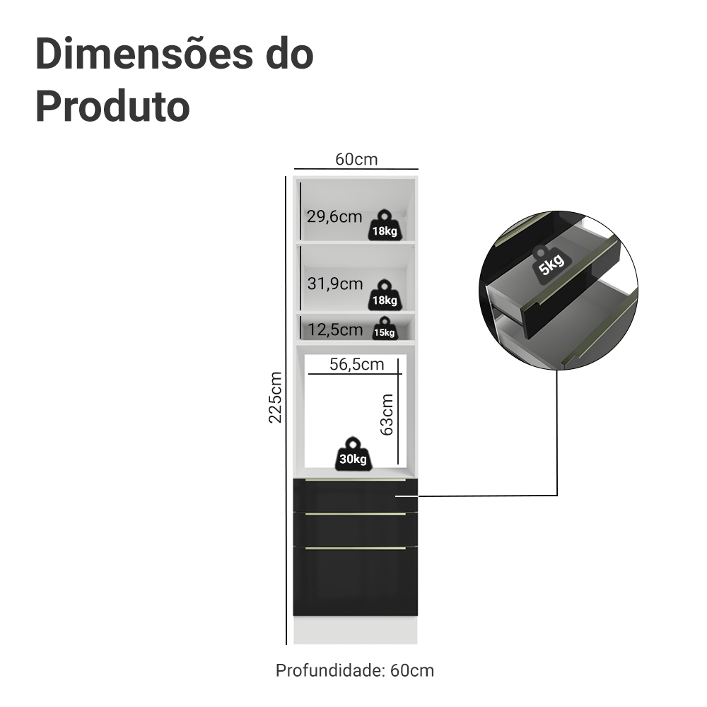 Torre Quente 60 x 60 cm 1 Porta 3 Gavetas Branco/Preto Lux Madesa