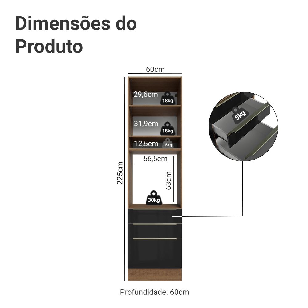 Torre Quente 60 x 60 cm 1 Porta 3 Gavetas Rustic/Preto Lux Madesa