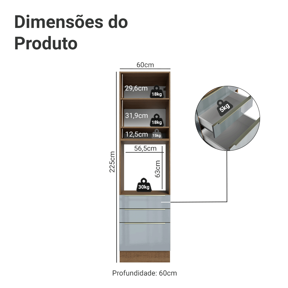 Torre Quente 60 x 60 cm 1 Porta 3 Gavetas Rustic/Cinza Lux Madesa