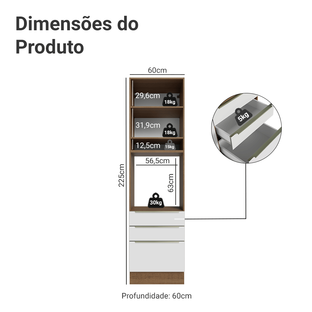 Torre Quente 60 x 60 cm 1 Porta 3 Gavetas Rustic/Branco Veludo Lux Madesa