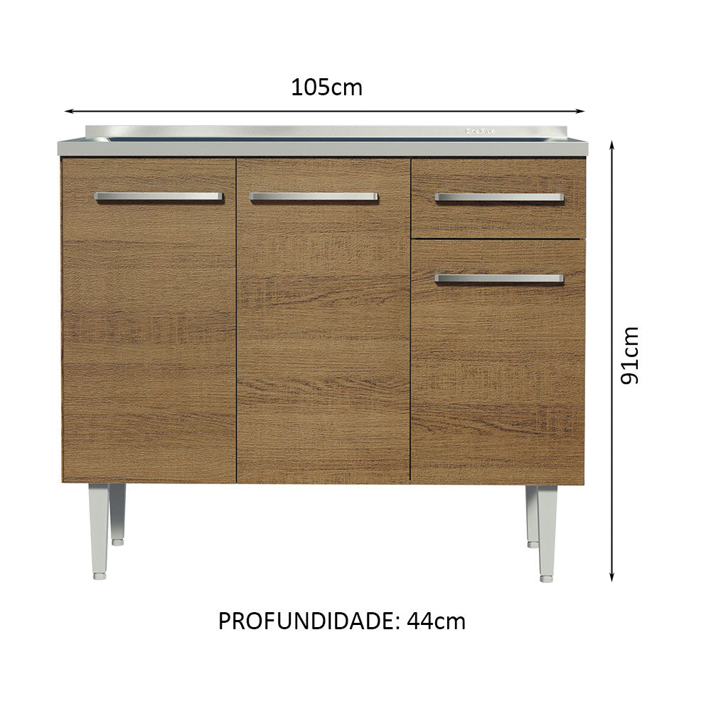 Balcão Gabinete com Pia 3 Portas e 1 Gaveta 105cm Rustic Emilly Madesa