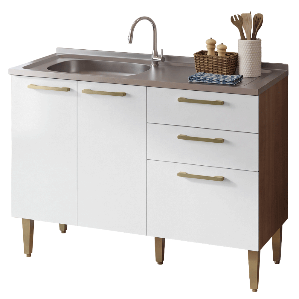 Balcão de Cozinha com Pia 105 cm 3 Portas 2 Gavetas Rustic/Branco Lille Madesa