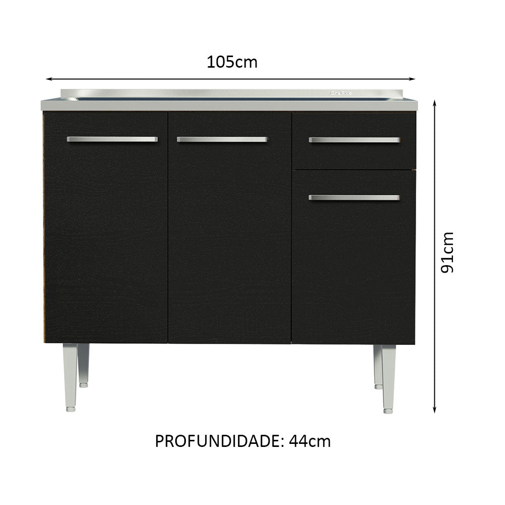 Balcão Gabinete com Pia 3 Portas e 1 Gaveta 105cm Rustic/Preto Emilly Madesa