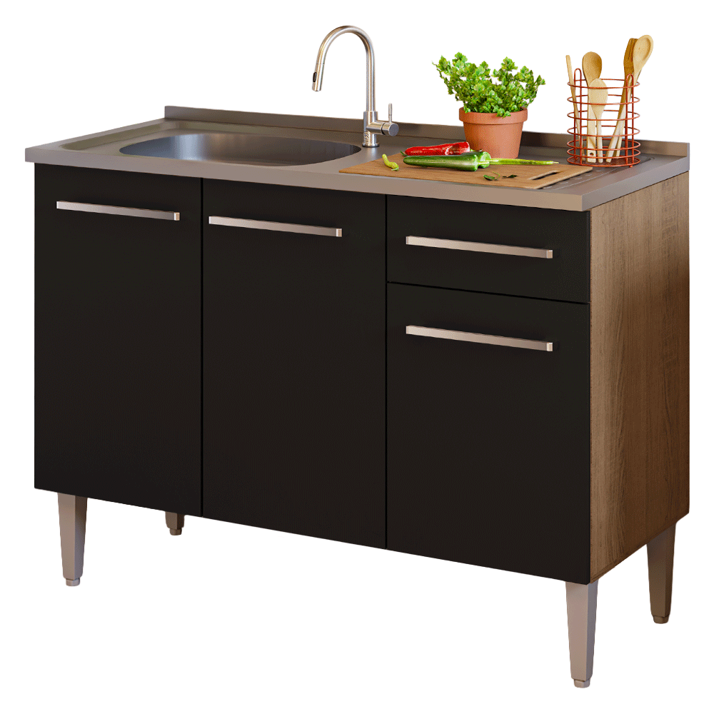 Balcão Gabinete com Pia 3 Portas e 1 Gaveta 105cm Rustic/Preto Emilly Madesa