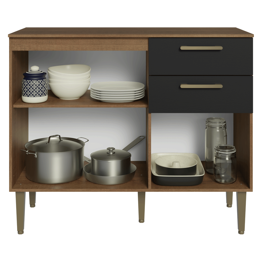 Balcão Gabinete de Pia 105 cm 3 Portas 2 Gavetas Rustic/Preto Lille Madesa