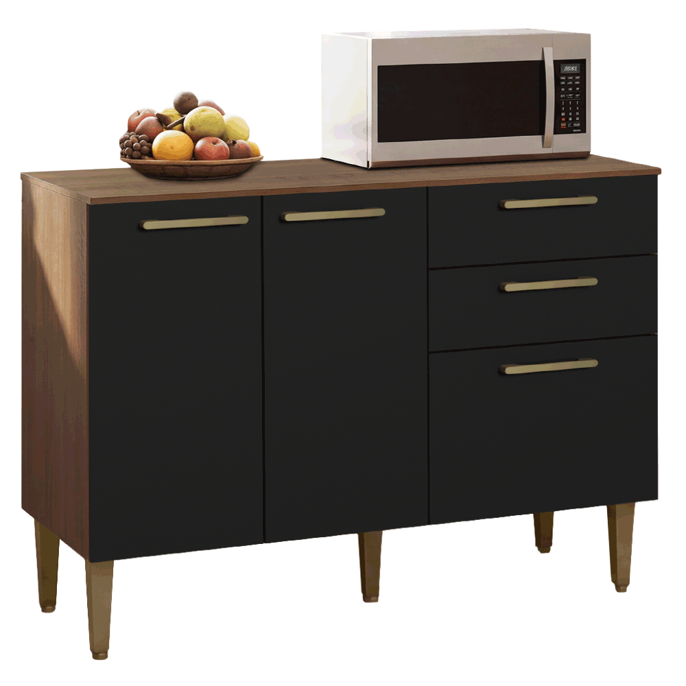 Balcão Gabinete de Pia 105 cm 3 Portas 2 Gavetas Rustic/Preto Lille Madesa