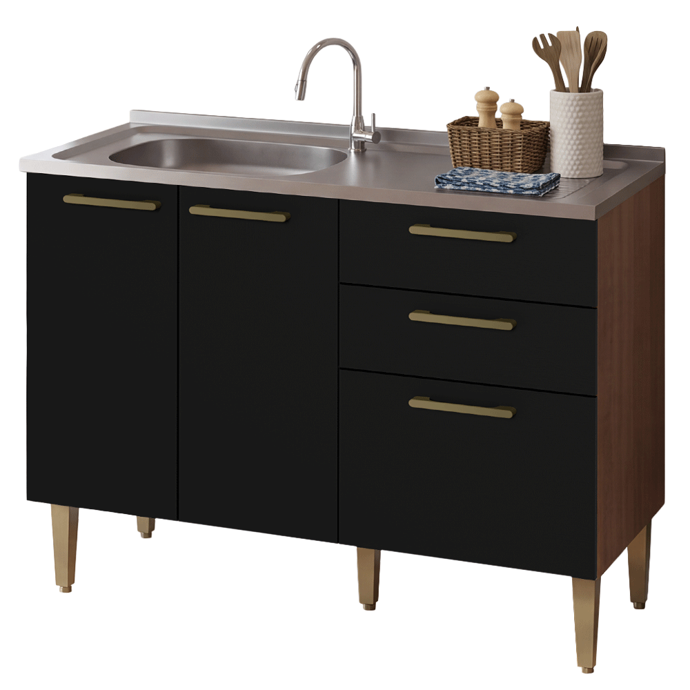 Balcão de Cozinha com Pia 105 cm 3 Portas 2 Gavetas Rustic/Preto Lille Madesa