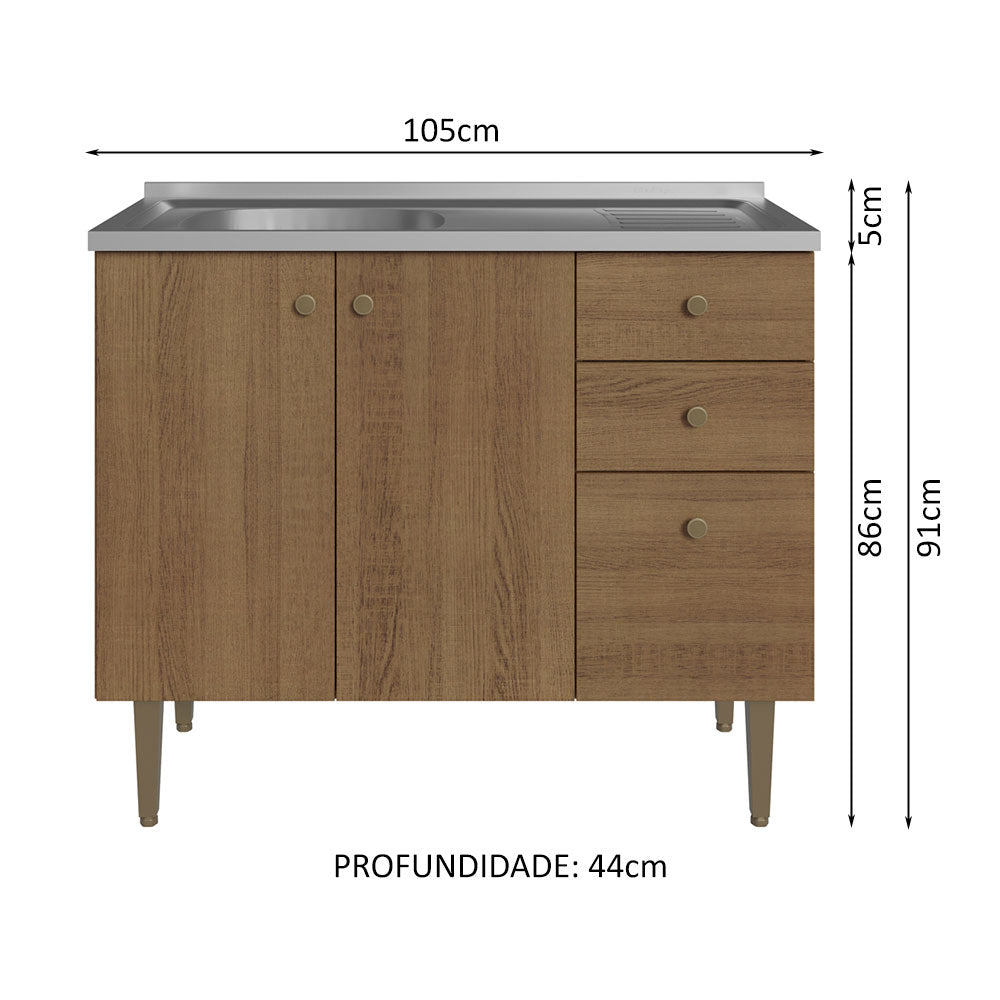 Balcão Gabinete com Pia 3 Portas e 2 Gavetas 105cm Rustic Gourmet Madesa
