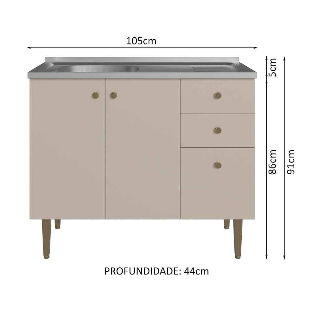 Balcão Gabinete com Pia 3 Portas e 2 Gavetas 105cm Rustic/Crema Gourmet Madesa