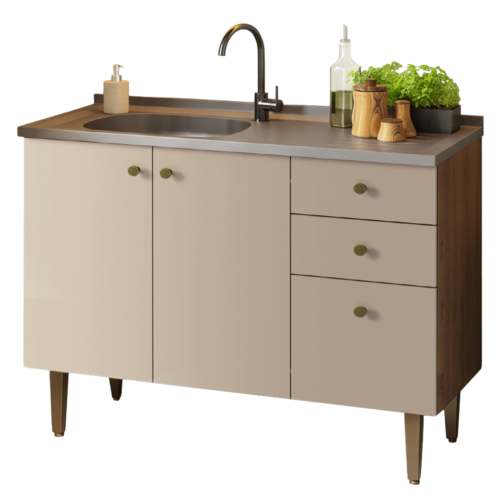 Balcão Gabinete com Pia 3 Portas e 2 Gavetas 105cm Rustic/Crema Gourmet Madesa