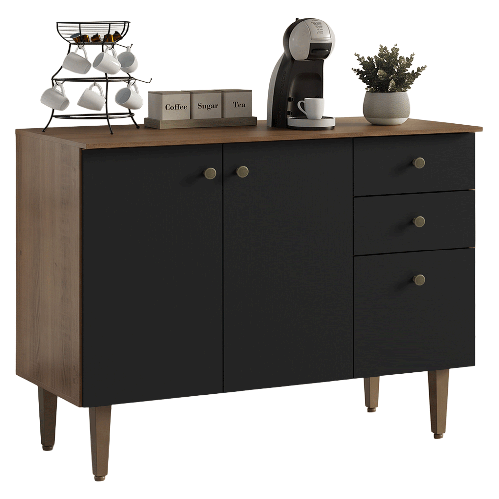 Balcão Gabinete 3 Portas 2 Gavetas Rustic/Preto Gourmet Madesa