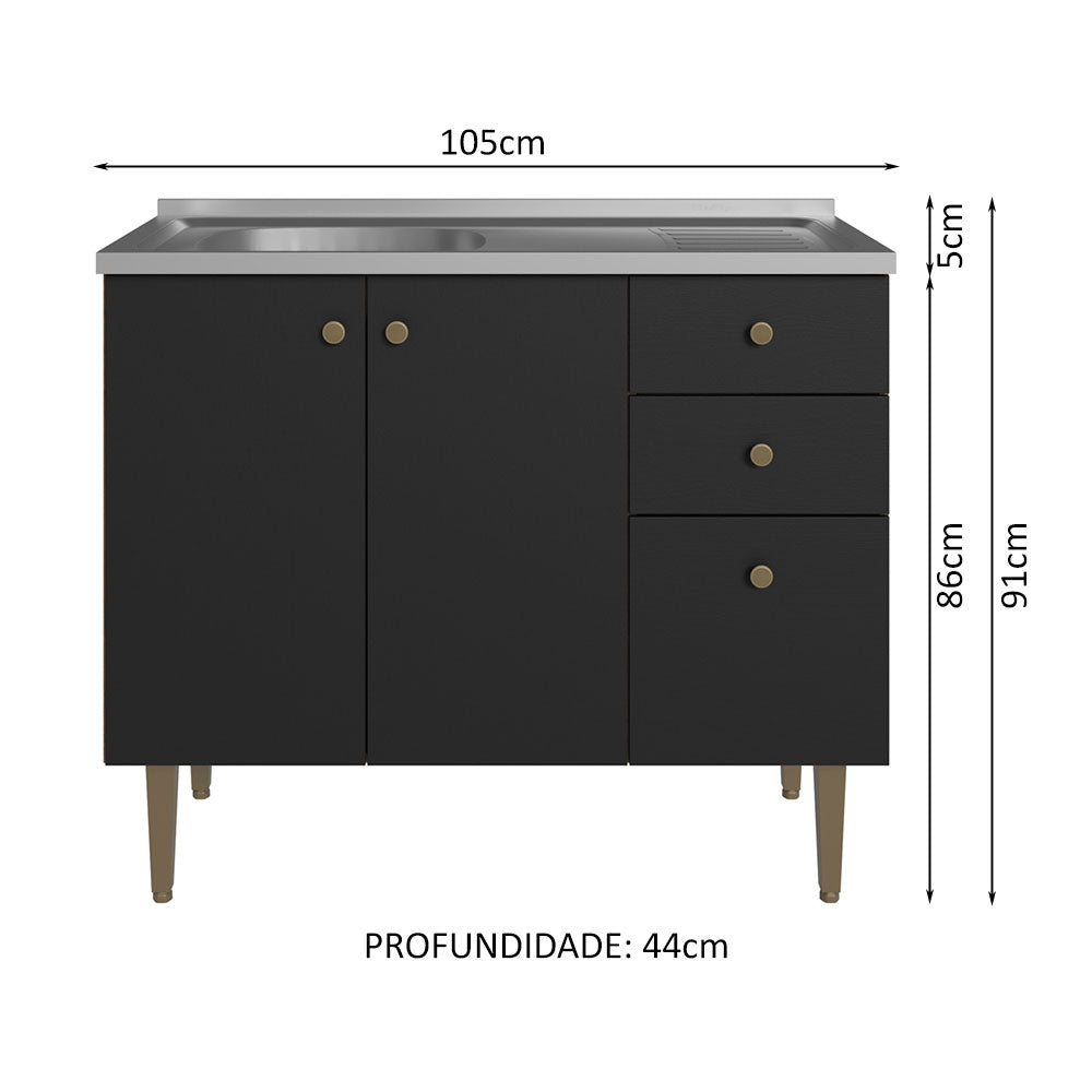 Balcão Gabinete com Pia 3 Portas e 2 Gavetas 105cm Rustic/Preto Gourmet Madesa