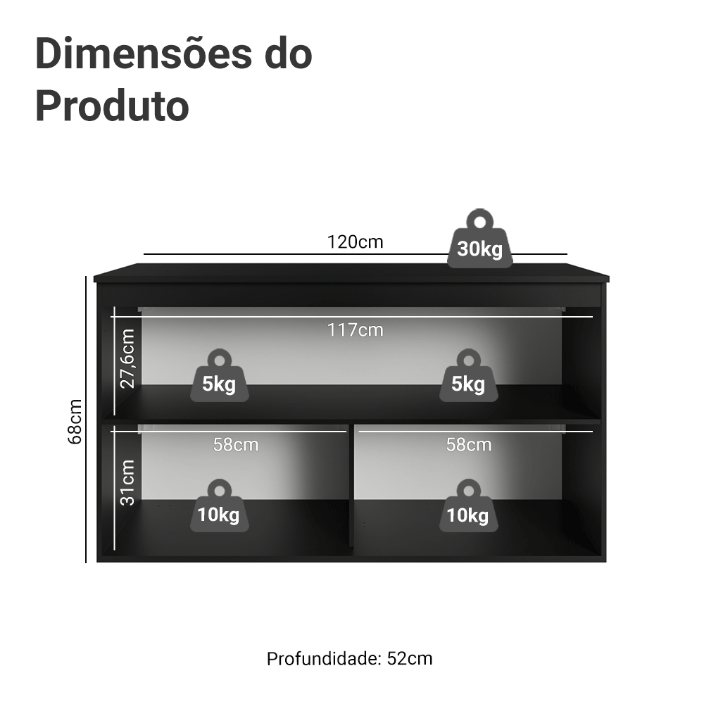 Balcão de Cozinha 120 cm 2 Portas Suspenso Preto Nice Madesa