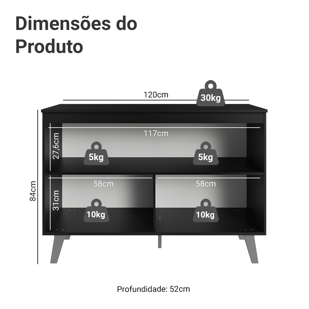 Balcão de Cozinha 120 cm 2 Portas Com Pés Preto Nice Madesa