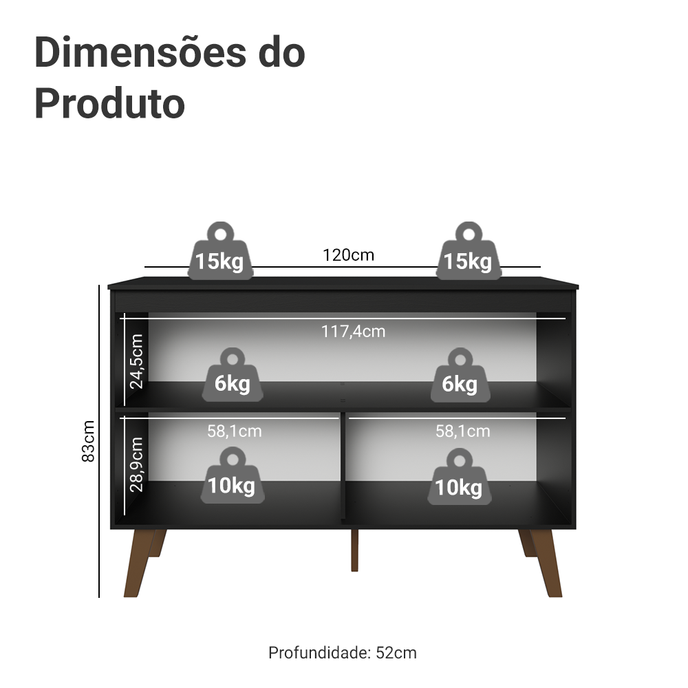 Balcão de Cozinha com 2 Portas 120 cm Preto Pieta Madesa