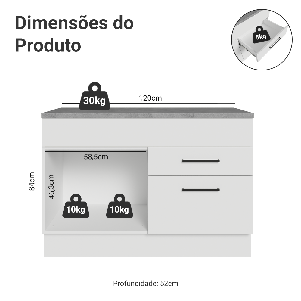 Balcão Cozinha 1 Porta e 2 Gavetas (Com Tampo) Branco Agata Madesa
