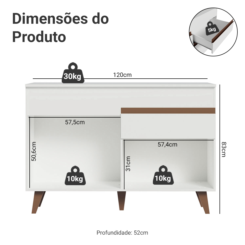 Balcão Gabinete de Pia Madesa Reims 2 Portas e 1 Gaveta Branco