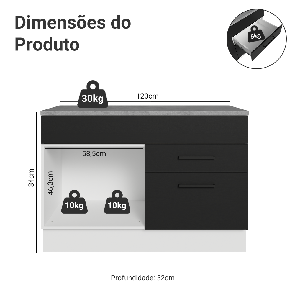 Balcão Cozinha 1 Porta e 2 Gavetas (Com Tampo) Branco/Preto Agata Madesa