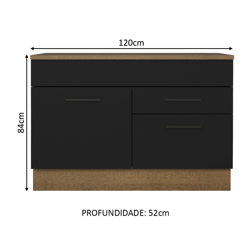 Balcão Cozinha 1 Porta e 2 Gavetas (Com Tampo) Rustic/Preto Agata Madesa