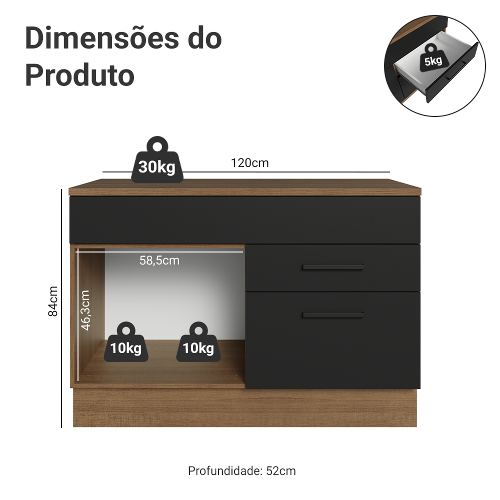 Balcão Cozinha 1 Porta e 2 Gavetas (Com Tampo) Rustic/Preto Agata Madesa