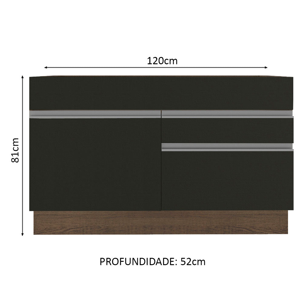 Balcão Gabinete de Pia Madesa Glamy 120 cm 1 Porta 2 Gavetas (Sem Tampo e Pia) Rustic/Preto