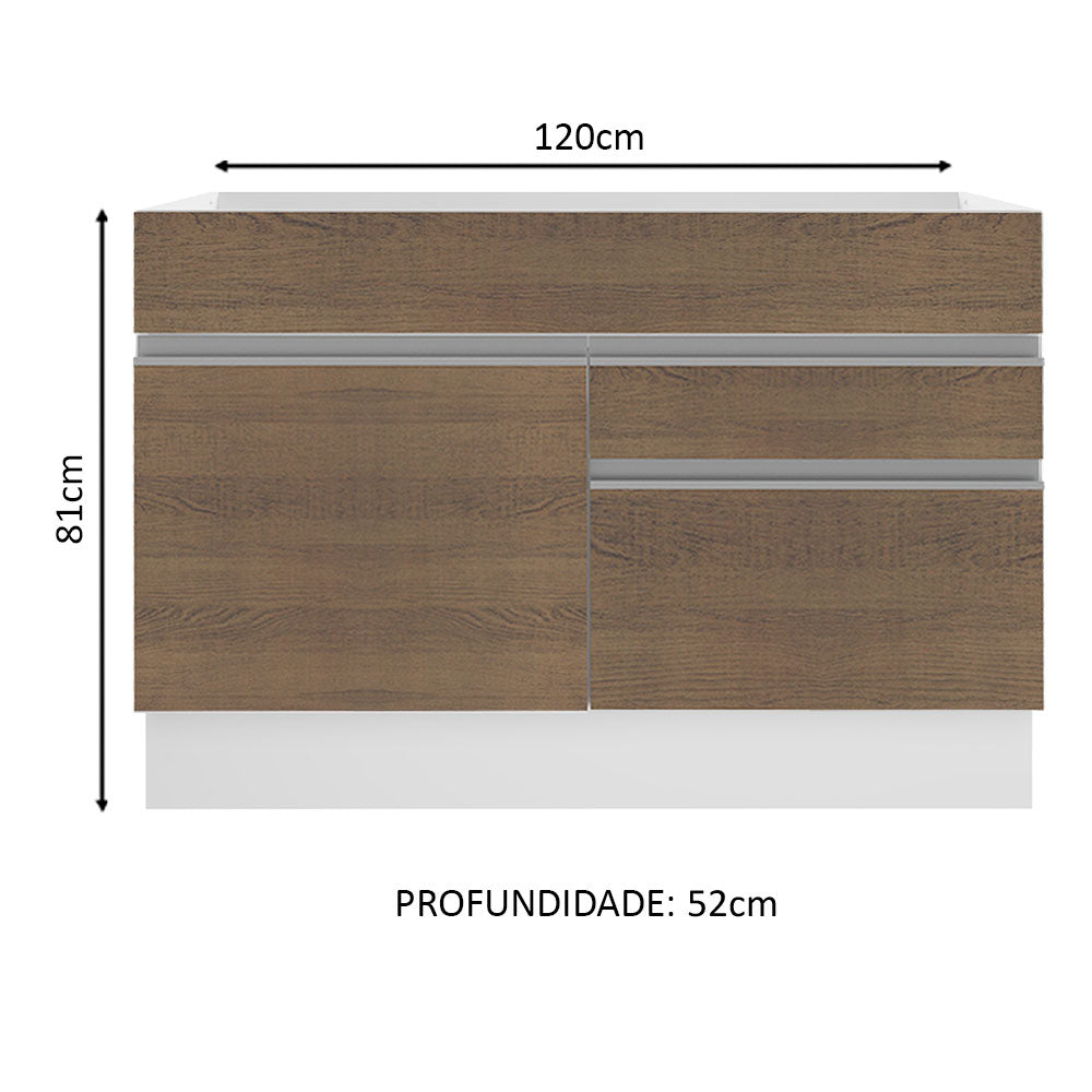 Balcão Gabinete de Pia Madesa Glamy 120 cm 1 Porta 2 Gavetas (Sem Tampo e Pia) Branco/Rustic