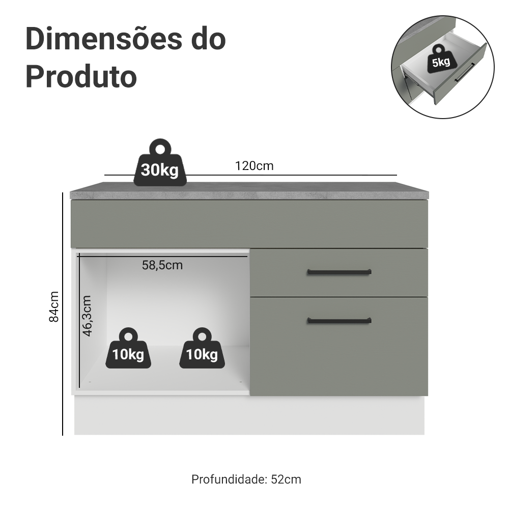 Balcão Cozinha 1 Porta e 2 Gavetas (Com Tampo) Branco/Cinza Agata Madesa