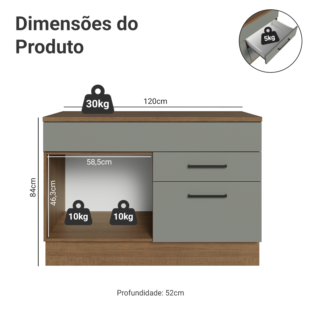 Balcão Cozinha 1 Porta e 2 Gavetas (Com Tampo) Rustic/Cinza Agata Madesa