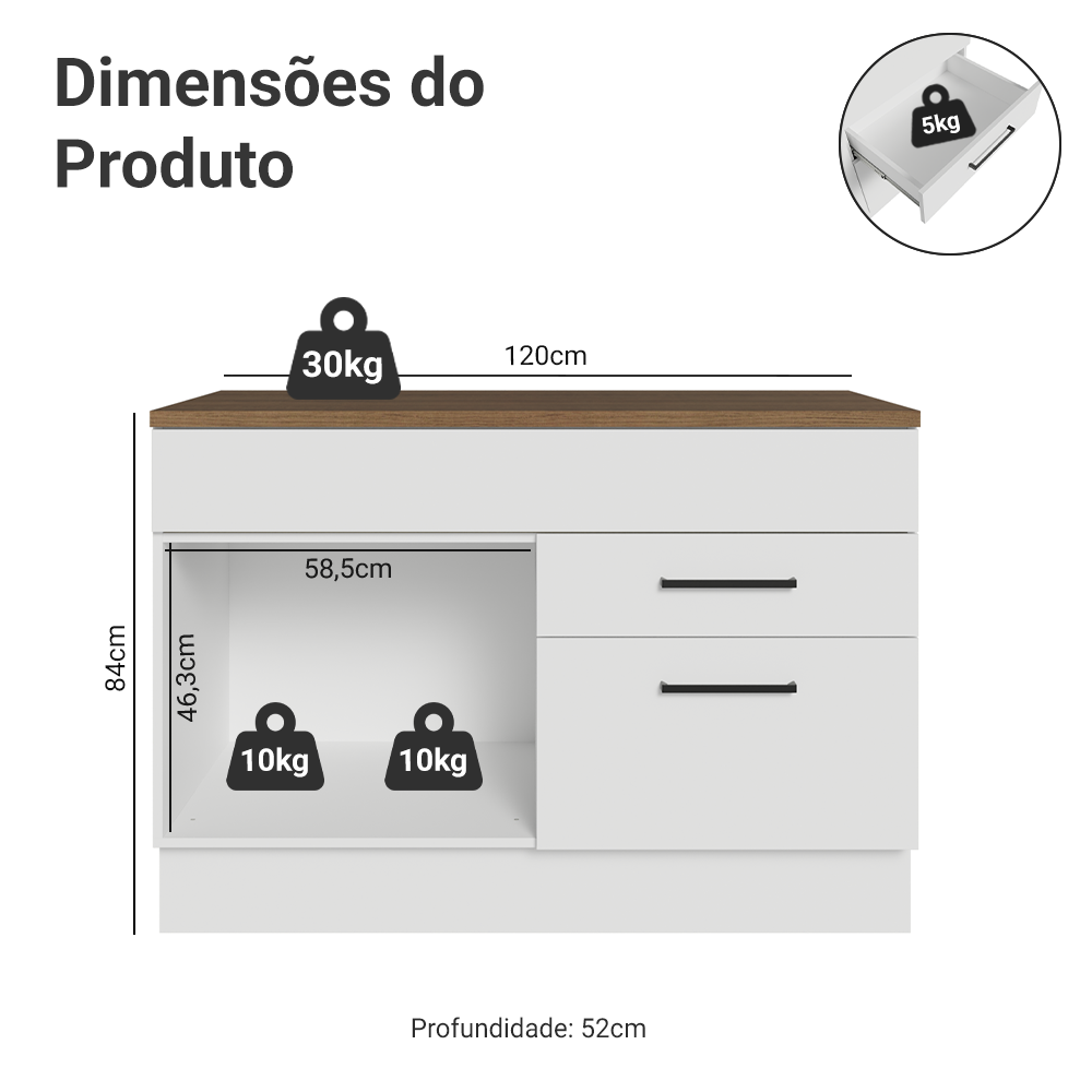 Balcão de Cozinha 120 cm 2 Portas 1 Gaveta Branco Tampo Rustic Agata Madesa
