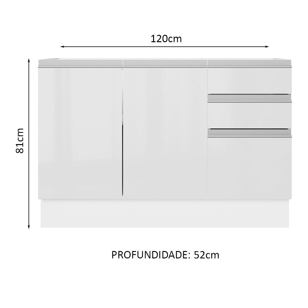Balcão Gabinete de Pia Madesa Acordes 100% MDF 120 cm 3 Portas e 2 Gavetas Frentes Branco Brilho
