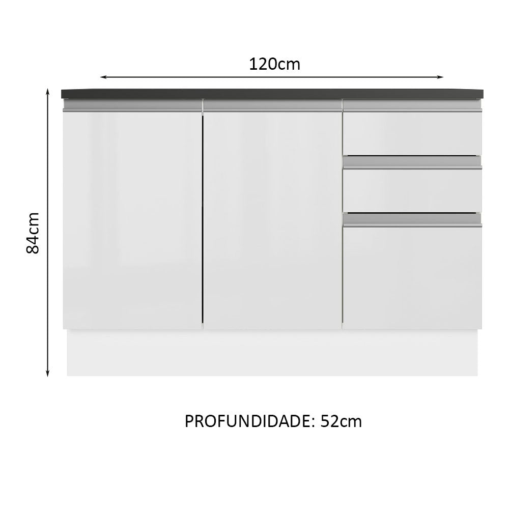 Balcão Cozinha 100% MDF 120 cm 3 Portas e 2 Gavetas Branco Acordes Madesa