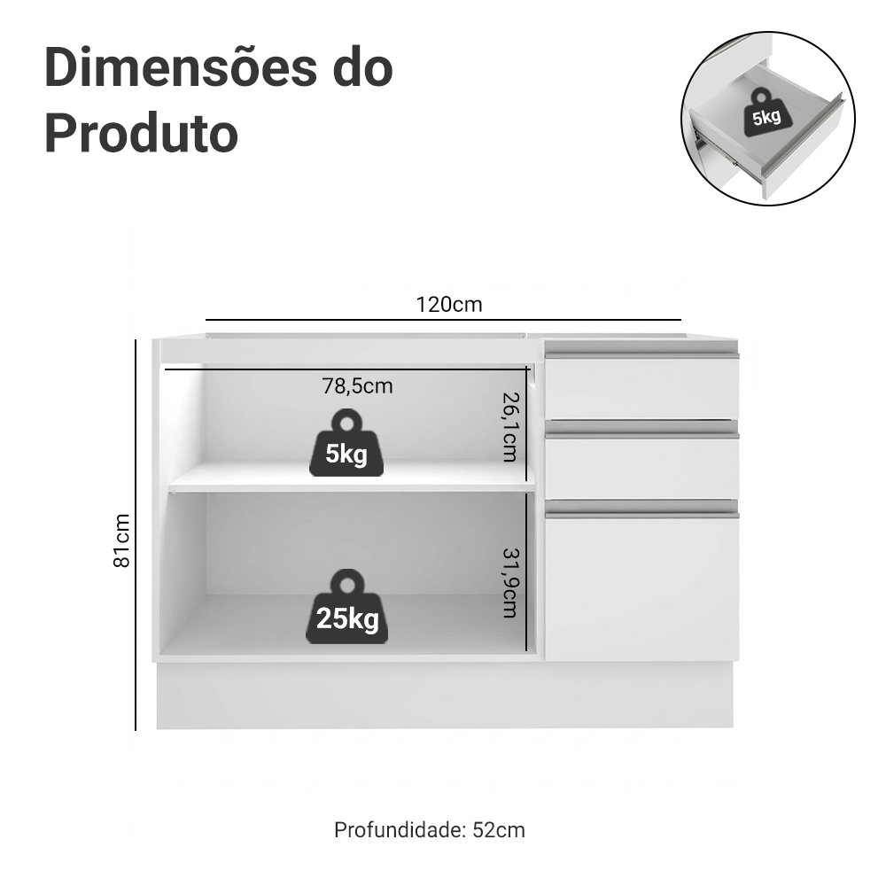 Balcão Gabinete de Pia Madesa Glamy 120 cm 2 Portas e 3 Gavetas (Sem Tampo e Pia) Branco