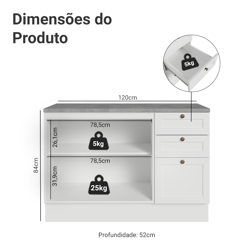 Balcão de Cozinha 120 cm 2 Portas 3 Gavetas Branco Vik Madesa