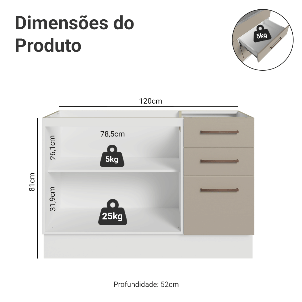 Balcão Gabinete de Pia 2 Portas e 3 Gavetas Branco/Crema Agata Madesa
