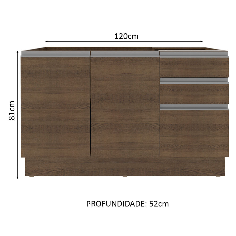 Balcão Gabinete de Pia Madesa Glamy 120 cm 2 Portas e 3 Gavetas (Sem Tampo e Pia) Rustic