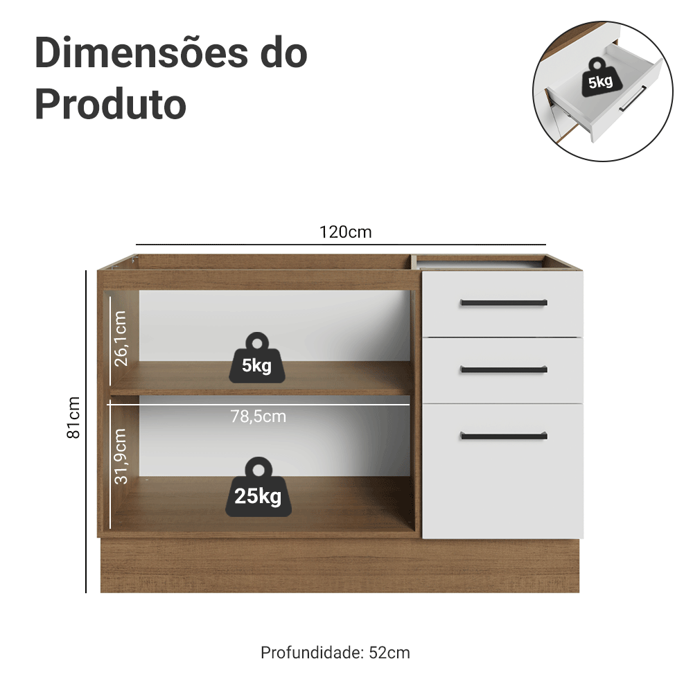 Balcão de Pia Madesa Agata 2 Portas e 3 Gavetas Rustic/Branco