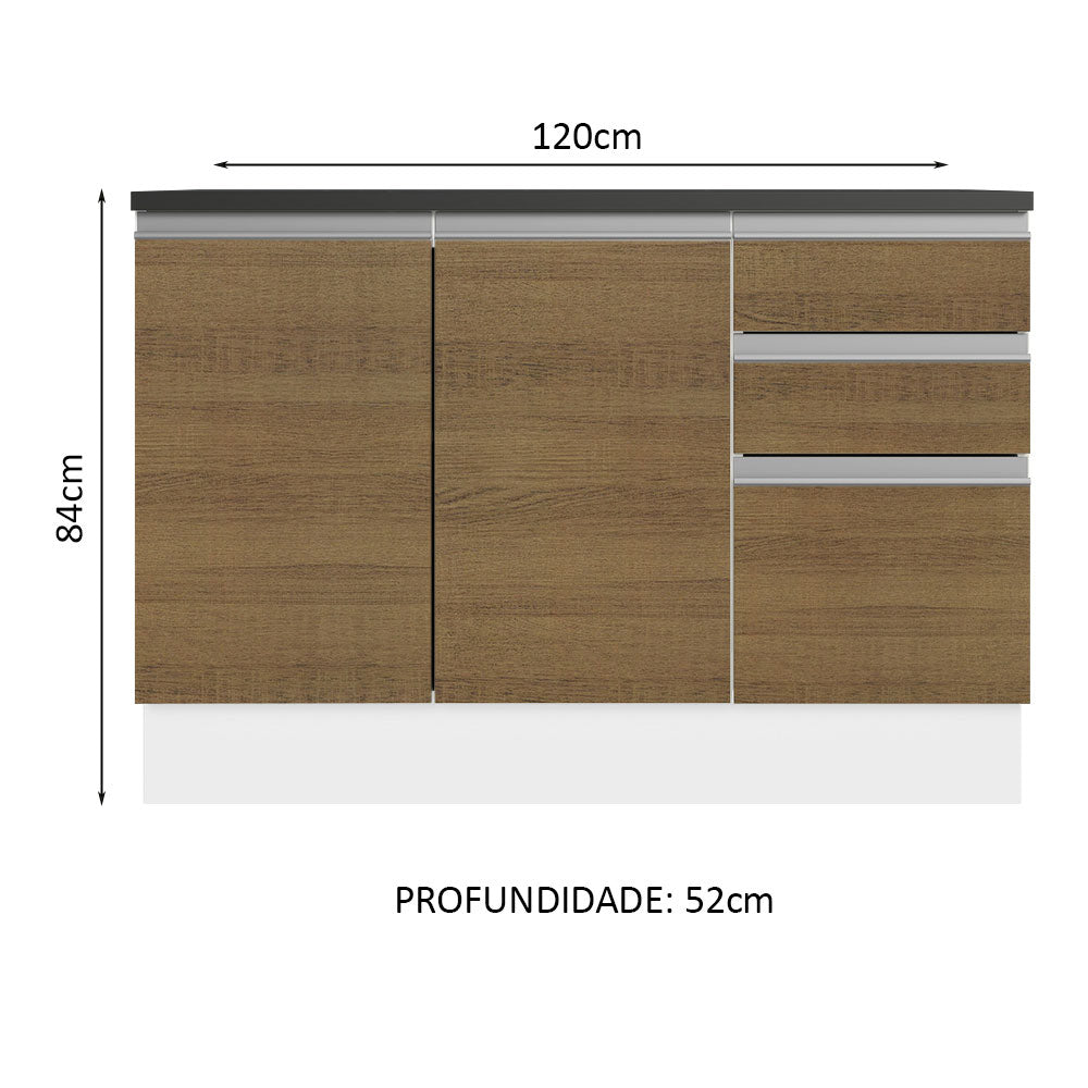 Balcão Cozinha 100% MDF 120 cm 3 Portas e 2 Gavetas Branco/Rustic Acordes Madesa
