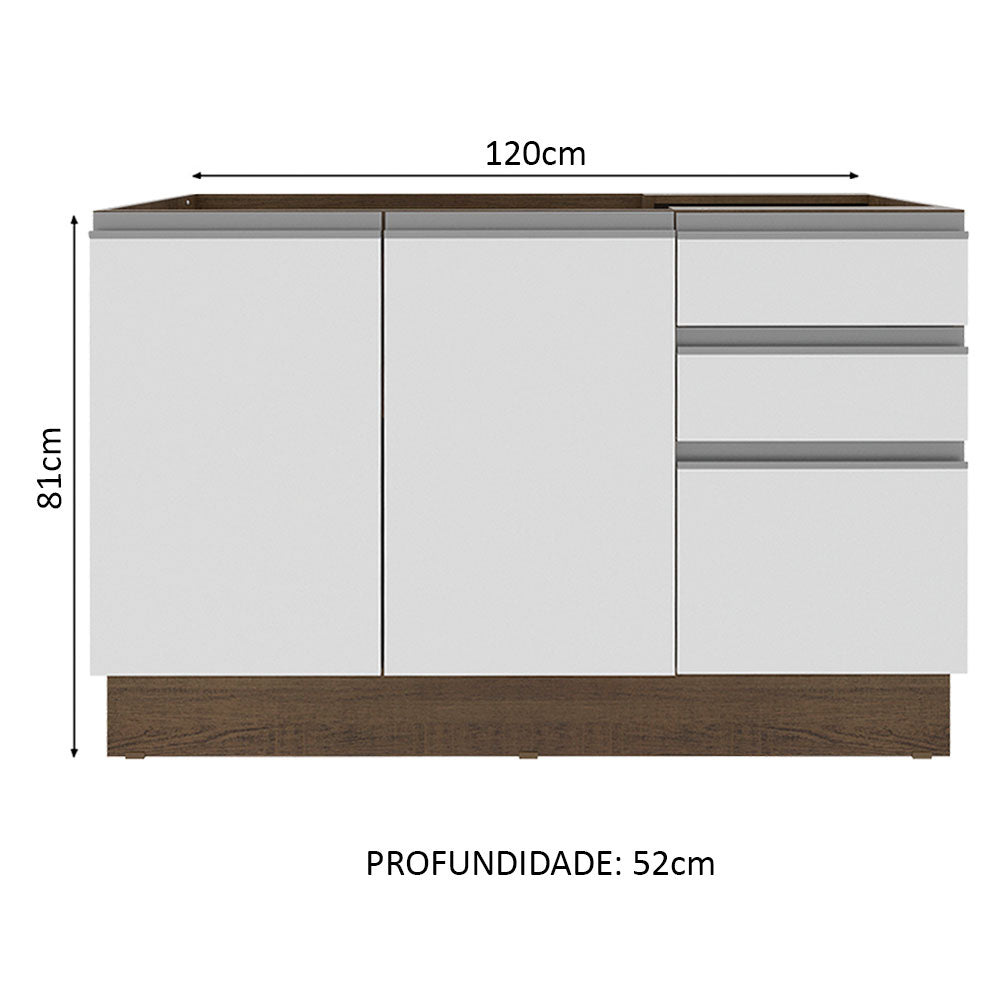 Balcão Gabinete de Pia Madesa Glamy 120 cm 2 Portas e 3 Gavetas (Sem Tampo e Pia) Rustic/Branco