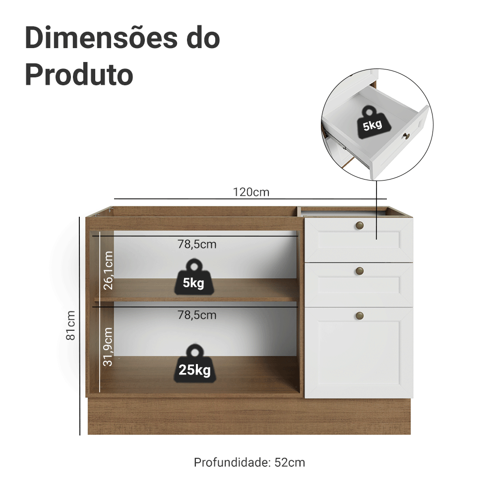 Balcão de Pia 120 cm 2 Portas 3 Gavetas (Sem Tampo) Rustic/Branco Vik Madesa