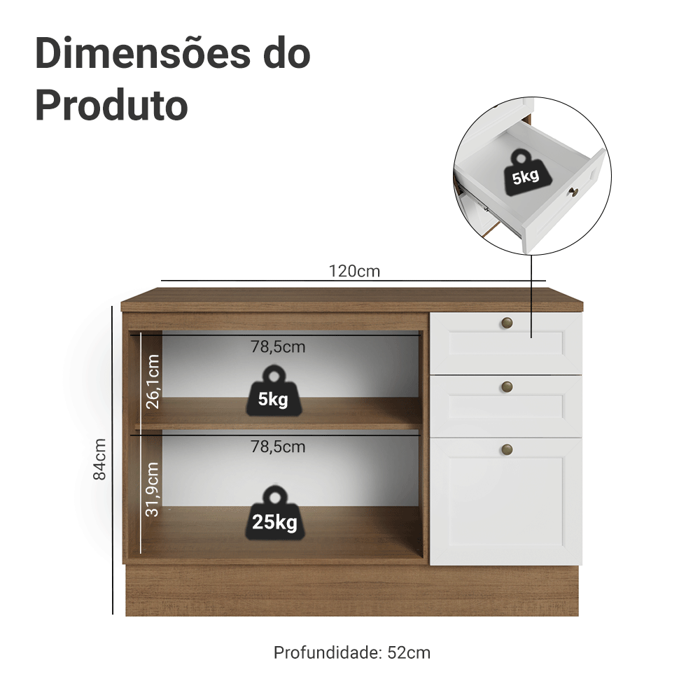 Balcão de Cozinha 120 cm 2 Portas 3 Gavetas Rustic/Branco Vik Madesa