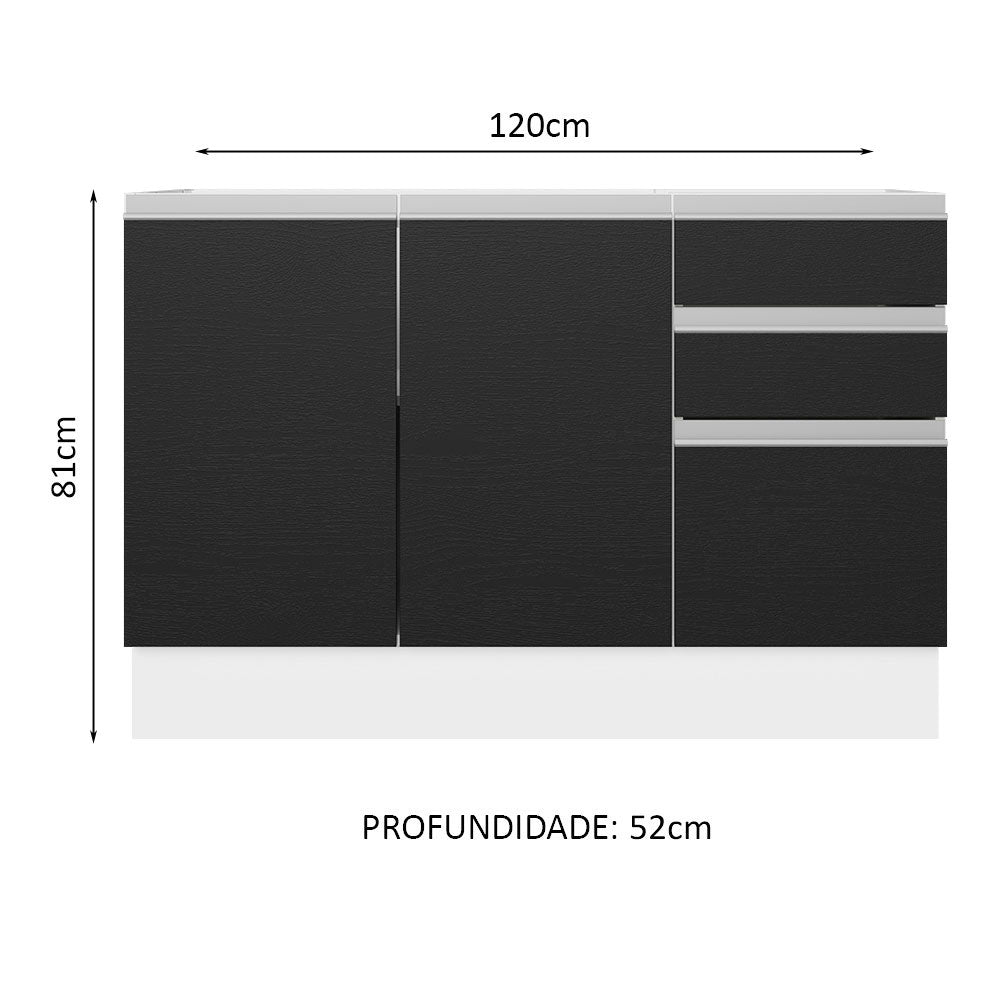 Balcão Gabinete de Pia 100% MDF 120 cm 3 Portas 2 Gavetas Branco/Preto Acordes Madesa