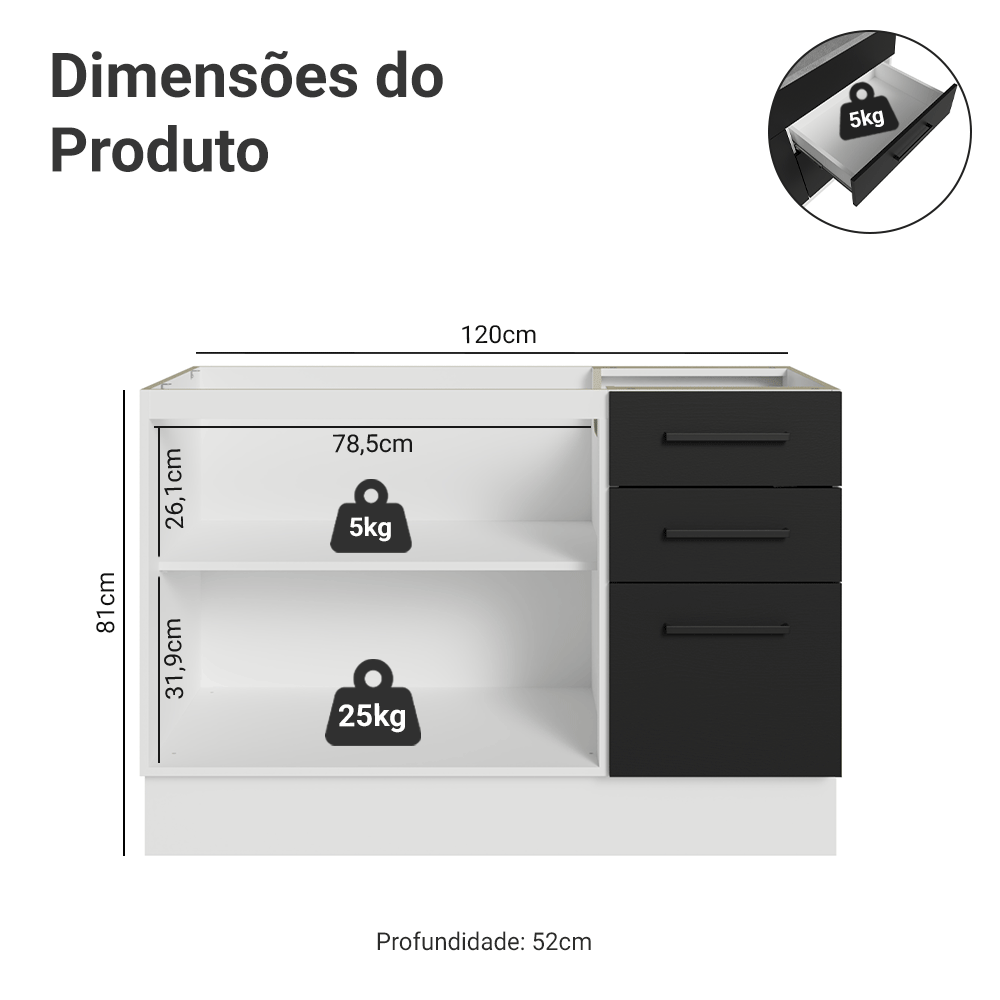 Balcão Gabinete de Pia Madesa Agata 2 Portas e 3 Gavetas (Sem Tampo e Pia) Branco/Preto