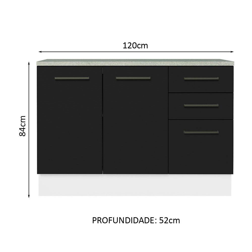 Balcão Cozinha 2 Portas e 3 Gavetas (Com Tampo) Branco/Preto Agata Madesa