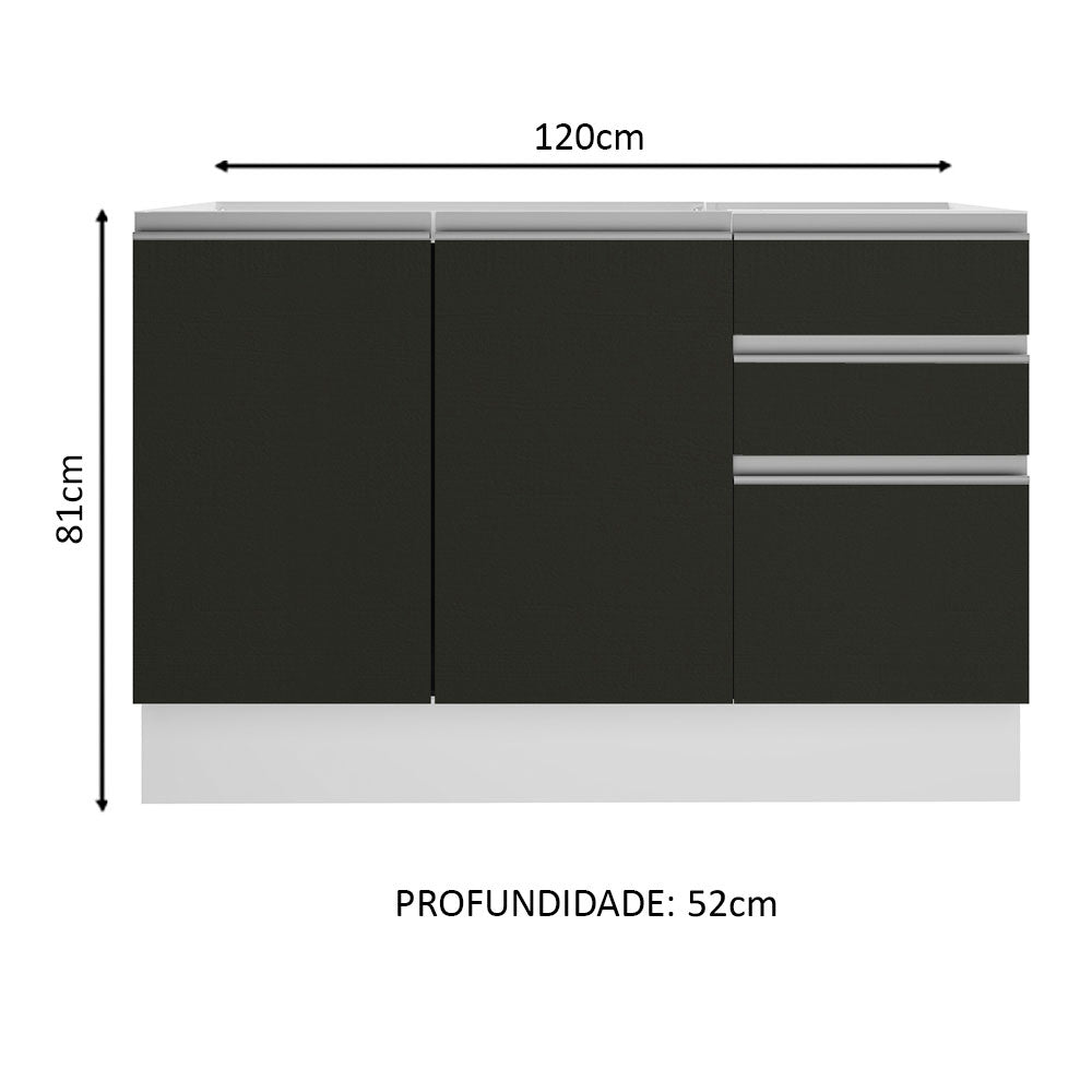 Balcão Gabinete de Pia Madesa Glamy 120 cm 2 Portas e 3 Gavetas (Sem Tampo e Pia) Branco/Preto